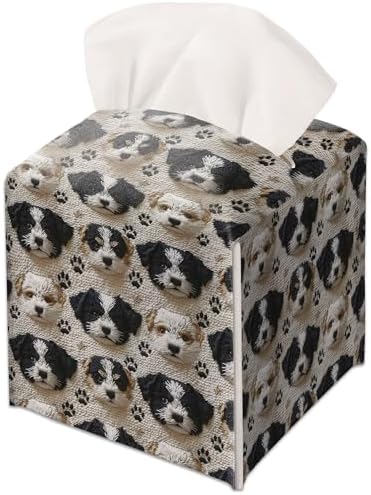 Cute Embroidered Puppy Decor Tissue Box Cover Modern Square Leather Tissue Case Holder Gifts for Women Family and Friends, Decorative Holder for Bathroom Kitchen Nightstand Office Home - B33 by JUPXB