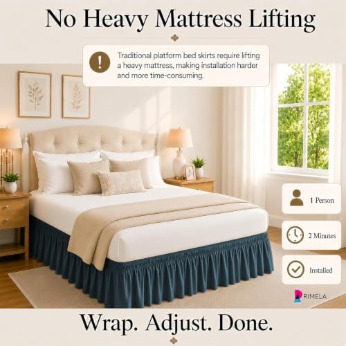 Dusty Navy Bed Skirt Queen Size 18" Drop, Elastic Wrap Around Bedskirt - Image 4