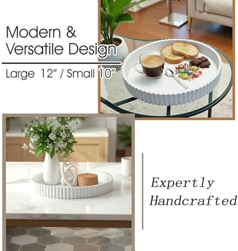 Modern Table 2pcs Nested Round Decorative Trays - Circle Coffee Table Centerpiece Set 12"/10" - Wooden White Crack Finish Bandejas with Fluted Edge - Image 2