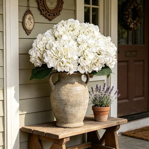 Kimura's Cabin 6pcs White Hydrangea Artificial Flowers Silk Fake Hydrangeas - Image 3