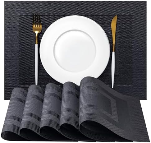 Placemats Set of 8 - Easy Clean Woven Vinyl Placemats for Dining Table, Indoor/Outdoor Place Mats, Washable PVC Table Mats（Black Cube） by Unknown
