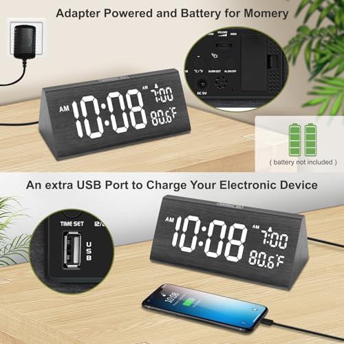 DreamSky Wooden Digital Alarm Clock for Bedroom with USB Port - Image 6