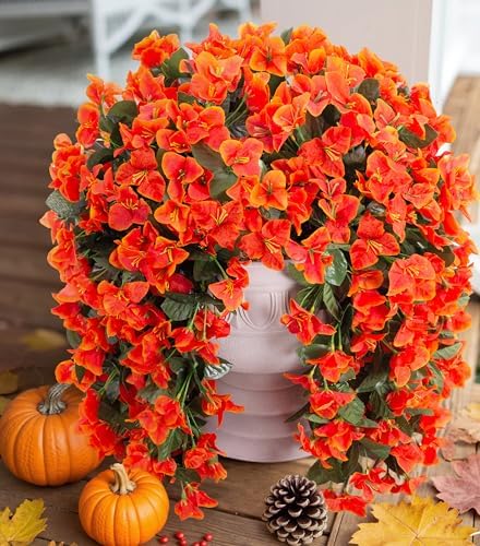 Artificial Bougainvillea Faux Flowers Plants for Outdoors Outside Fall Autumn Decor, 2 PCS Silk Trailing Vines UV Resistant Realistic Orange Fake Flowers for Planter Front Door Porch Patio Balcony by INSPRING