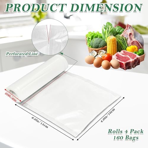 Pre-Cut Perforated Vacuum Sealer Bags Rolls,4x6 Inch Heavy-Duty Vacuum Sealer Roll Bags 4 Rolls 160 Tear Off Bags,Easy-Tear Food Grade Storage Bags for Sous Vide, Freezer & Meat (BPA Free) - Image 2