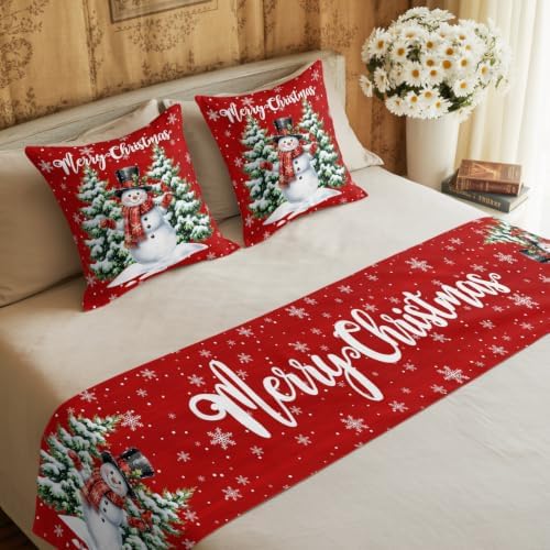 Merry Christmas Bed Runners for Queen Size Beds Winter Snowman Red Bed Scarf Matching Decorative Throw Pillow Covers Xmas Trees Snowflakes Hotel Beds End Blanket Towel Bedspread Protection for Home - Image 6