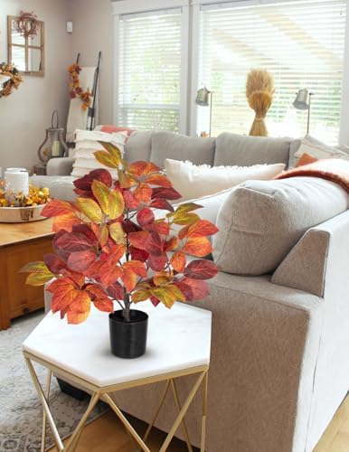 Briful 19.7" Fake Fall Tree in Black Pot, Autumn Small Artificial Beech Leaf Tree Faux Plants Indoor for Home Office Room Tabletop Mantel Thanksgiving Decor - Image 5