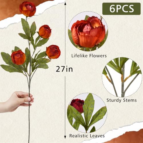 Waipfaru 6 Pcs 27" Faux Peonies Artificial Flowers for Vase, Burnt Orange - Image 3