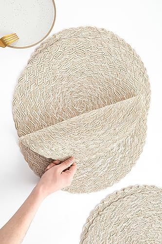 Floroom 15 Inch Round Braided Placemats Set of 4, Washable Heat Resistant Cotton Polyester Circle Boho Place Mats for Kitchen Dining Table - Canvas Beige - Image 2