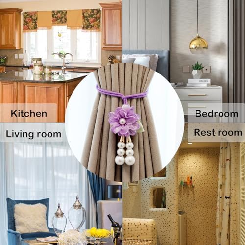 Adjustable Curtain Tiebacks， 4-Pack Hand-Woven Rope with Silk Flower & Pearl， Decorative Window Cord Holders for Drapery， Long Loop Design for All Curtain Thickness (Purple) - Image 4