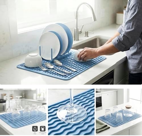 MicoYang Silicone Dish Drying Mat — Quick-Dry Ridges Counter & Sink Pad, Heat-Resistant Trivet to 450°F, Non-Slip & Dishwasher Safe, Roll-Up Storage, 18 Colors & 9 Sizes (Light Blue, 16"×12") - Image 4