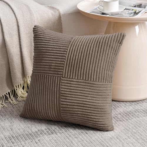 Fancy Homi Set of 2, Light Brown Patchwork Corduroy Decorative Soft Striped Modern Accent Cushion Case Farmhouse Boho Neutral Throw Pillow Covers for Chair Couch Bed Sofa Living Room 26x26 Inch - Image 2