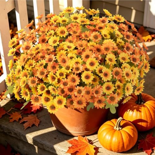 Artificial Daisy Mums for Outdoors, 12 PCS Fall Flowers, Yellow+Orange by JulakoOnline