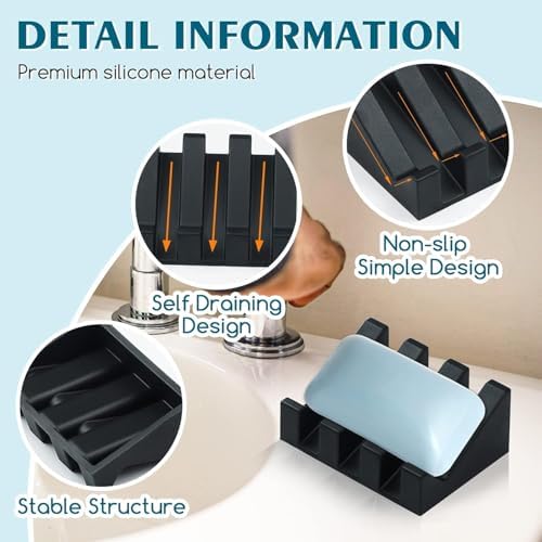 Silicone Soap Dish Self Draining with Suction Cups (Black, 2 Pack) - Image 2