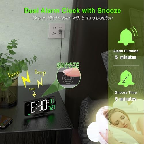 KOSUMOSU Digital Clock for Bedroom, 6.7in Black Alarm Clocks for Bedrooms,Auto Dimming, Date, Day of Week, Indoor Temperature,Digital Alarm Clock,Clocks for Living Room - Image 6