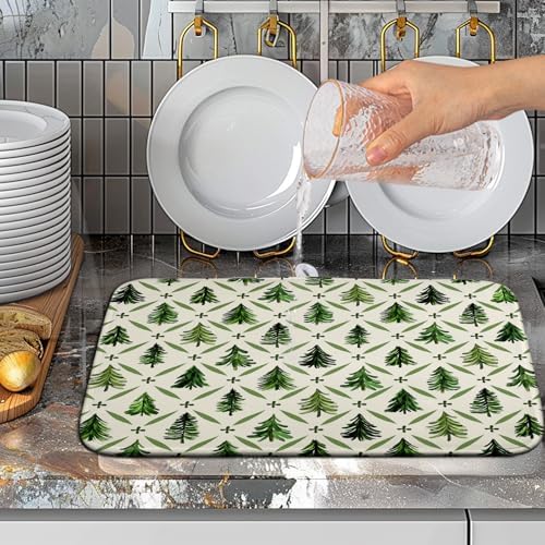 Christmas Dish Drying Mat for Kitchen Counter 16x18 Inch Sage Green Xmas Tree Drying Mats Winter Holiday Dish Drainer Pad Microfiber Absorbent Dish Draining Mat for Coffee Bar - Image 5