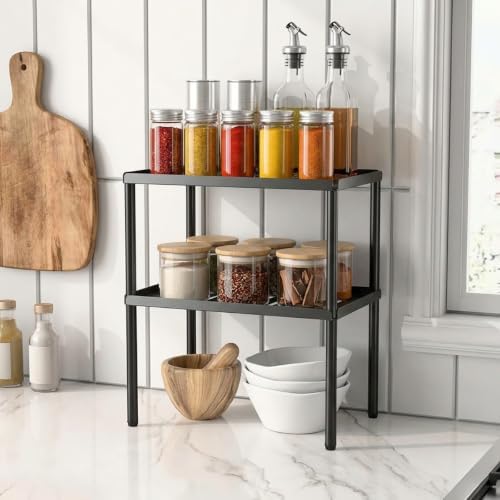 Cabinet Organizer Shelf, 2 Tier Kitchen Cabinet Organizer with Stackable Cabinet Shelves for Kitchen Countertop Storage, Metal Kitchen Shelf Organizer for Spice, Pantry & Under Sink (Black) - Image 7