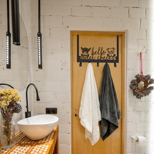 Kathfly Cute Highland Cow Over Door Towel Rack 5 Hooks Black - Image 4