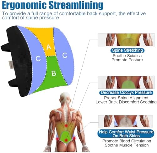 Lumbar Pillow for Chair and Car, Back Support for Office, Memory Foam Cushion with Mesh Cover - Black - Image 2
