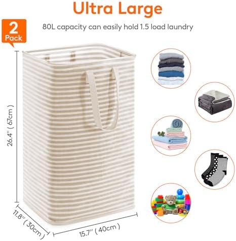 Lifewit 80L Large Laundry Baskets, Laundry Hampers Bags, 2 Pack, Beige - Image 3