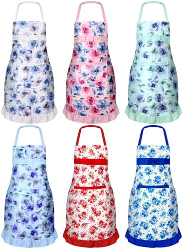 Zhanmai 6 Pack Floral Aprons for Women with 2 Pockets for Kitchen by Zhanmai