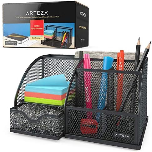 Arteza Mesh Metal Office Desk Organizer with Drawer, 6-Compartment Multi-Functional Design Holds Office Supplies & Accessories Like Pens, Pencils, Notes, Staplers & Scissors (Black) by ARTEZA