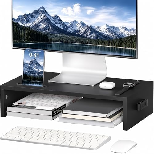 1home Monitor Stand Riser, 16.7 Inch Wood Monitor Riser Stand with Storage Organizer, Desktop Ergonomic Monitor Stand Riser with Cellphone Holder and Cable Management, Black by BONTEC