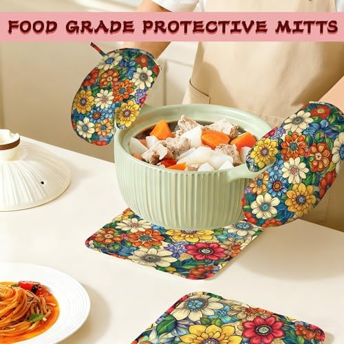 Flower Heat-Resistant Silicone Oven Mitts and Pot Holders,Cute Mandala Floral Long Oven Gloves with Non-Slip Grip for Cooking, Baking, Grilling,BBQ - Image 7
