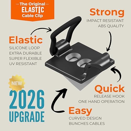 [Made in the UK] 10-Pack Adjustable Elastic Adhesive Cable Clips, Wire Management Holder, Cord Organizer for Home Office, Under Desk, Behind TV, Phone Charger, Laptop, PC, HDMI, USB (Black) - Image 2