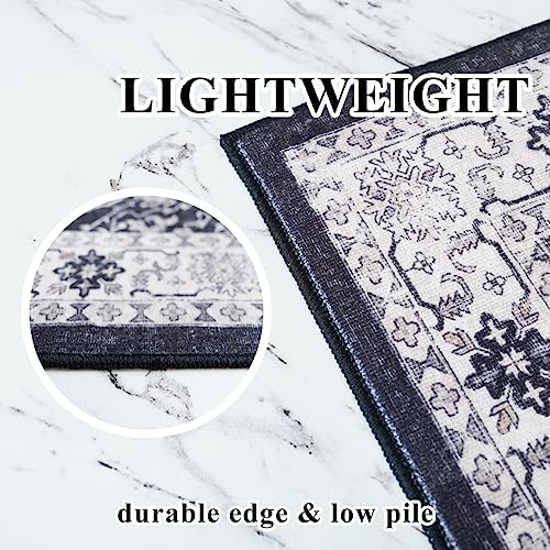 Washable 2x3 Entryway Area Rug: Vintage Soft Thin Door Mat with Non Slip Backing Water Resistant Carpet for Bedroom Low Pile Floor Mat for Kitchen Bathroom Easy Clean Rug for Family (2 X 3, Black) - Image 6
