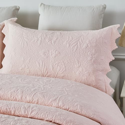 Brandream Standard Size Quilted Pillow Shams Cotton Set of 2 Light Pink Farmhouse Scallop Edge Decorative Pillow Covers - Image 3