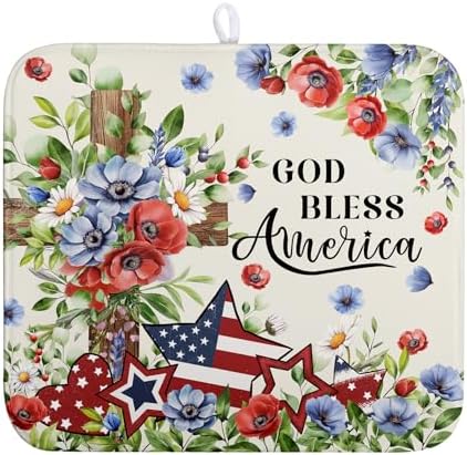4th of July Drying Mat for Kitchen Counter Patriotic Floral Cross Stars Dish Drying Pad Independence Day Absorbent Microfiber Washable Dish Draining Mat Extra Large 16"x18" by Wnoesat