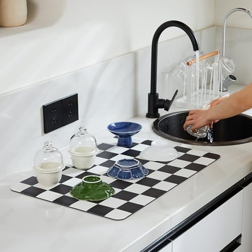 Ohocut Checkered Dish Drying Mat for Kitchen Counter, Coffee Bar Station Accessories, Retro Cute Aesthetic Modern Absorbent Drainer Mat Kitchen Drying Mat Easy Clean, Black 12" x 19" - Image 2