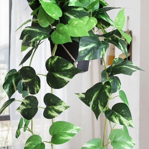 alyptus Fake Pothos Hanging Plants - Artificial Hanging Plant with Pot Realistic Faux Pothos Vines for Indoor Décor, Lush Greenery for Balcony Patio Office, Bathroom - Golden Green - Image 3