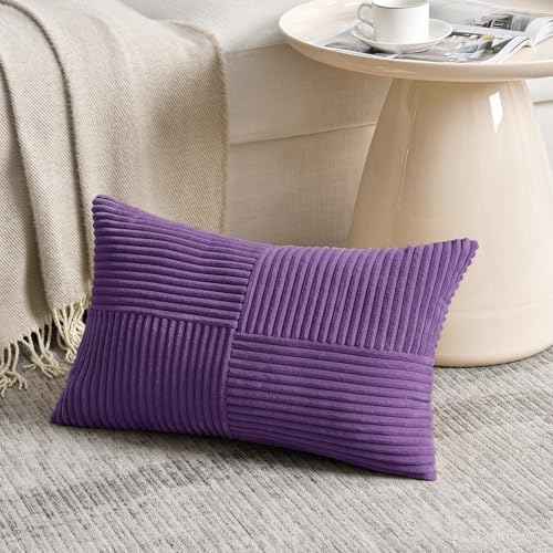 Fancy Homi 2 Packs Purple Lumbar Decorative Throw Pillow Covers 12x20 Inch for Living Room Couch Bed, Farmhouse Boho Home Decor, Soft Striped Corduroy Rectangle Accent Cushion Case 30x50 cm - Image 2