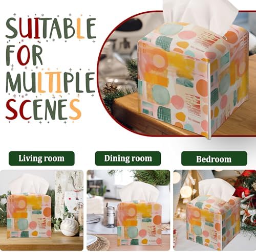 Modern Square Leather Tissue Box Cover/Case Holder Gifts for Women Family and Friends, Decorative Holder/Organizer for Bathroom Kitchen Nightstand Office Home (Pink Yellow Abstract) - B17 - Image 6