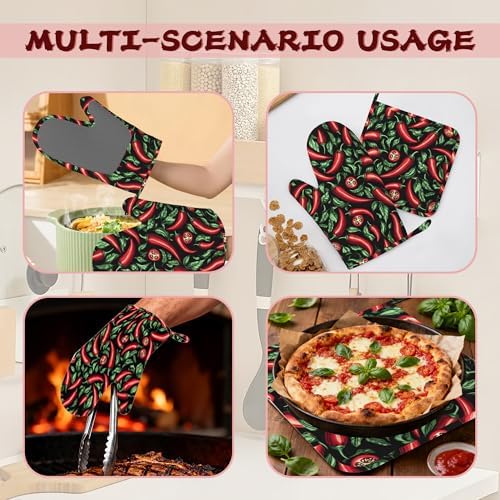 Red Chili Peppers Silicone Oven Mitts and Pot Holders,Heat-Resistant 4 Piece Kitchen Set Non-Slip Oven Gloves and Hot Pads for Cooking, Baking, Grilling,BBQ - Image 6