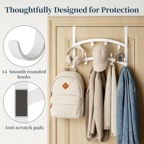 Consumest Over the Door Hooks Organizer - 2 Tier Door Hanger with 14 Hook Heavy Duty Stainless Steel for Towels, Coats, Jackets & Bags, Towel Rack for Bathroom Bedroom, Fits Up to 1.77" Doors, White - Image 3