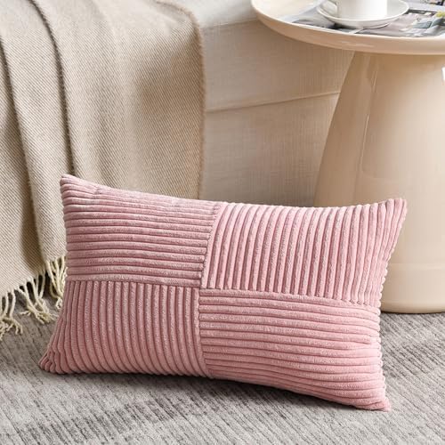 Fancy Homi 2 Packs Blush Pink Long Lumbar Decorative Throw Pillow Covers 12x24 Inch for Couch Bed Sofa, Rustic Farmhouse Boho Home Decor, Soft Striped Corduroy Rectangle Accent Cushion Case 30x60 cm - Image 2