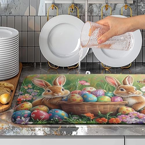 Easter Bunny Eggs Dish Drying Mat for Kitchen Counter 18x24 Inch Spring Easter Rabbit Flowers Large Drying Mat Microfiber Dish Drainer Rack Mats Absorbent Reversible Dishes Pad Dish Dryer Mat - Image 5