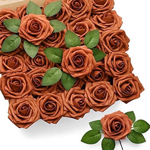 Mocoosy 50Pcs Burnt Orange Roses Artificial Flowers, Rust Fake Rose for Decoration, Real Touch Terracotta Foam Roses Bulk with Stems Wedding Bouquet Bridal Shower Centerpieces Arrangement Party Decor by Mocoosy