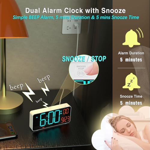 KOSUMOSU Small Digital Clock for Bedroom, 6.7in Desk Clock, Auto Dimming, Room Temperature, Day of The Week, Date, Seconds, Alarm Clocks for Bedrooms, Clocks for Living Room - Image 6