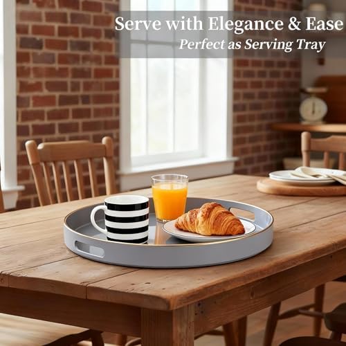 Decorative Tray, Round Plastic Tray with Handles, Modern Vanity Tray and Serving Tray for Ottoman, Coffee Table, Kitchen and Bathroom, Size 13” (Gray) - Image 3