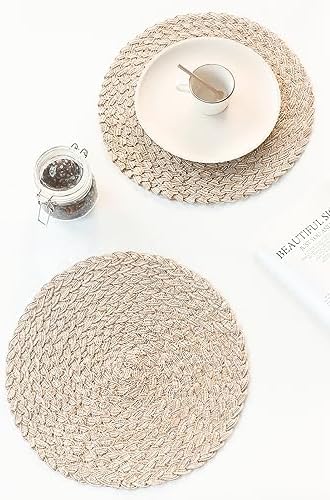 Floroom 15 Inch Round Braided Placemats Set of 4, Washable Heat Resistant Cotton Polyester Circle Boho Place Mats for Kitchen Dining Table - Canvas Beige - Image 4