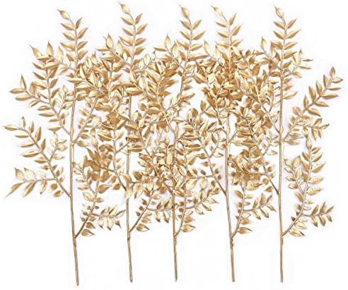 PASYOU Fake Leaves Plants for Christmas Decor, Gold Artificial Shrubs Grass Foliage Plastic Bulk Leaf Indoor Outdoor Home Garden Party Hotel Verandah Wedding Event Faux DIY Decoration - Golden 5 Pack by PASYOU