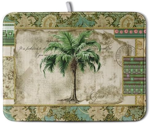Palm Tree Kitchen Dish Drying Mat for Dishes 16x18 Inch Summer Vintage Tropical Leaves Green Jungle Plant Drying Mat Botanical Dish Drainer Mat Super Absorbent Dish Rack Pad for Coffee Bar Sinks by Kwlegh