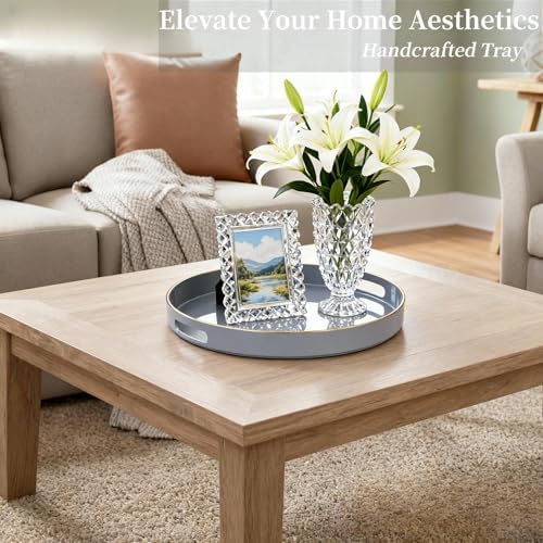 Decorative Tray, Round Plastic Tray with Handles, Modern Vanity Tray and Serving Tray for Ottoman, Coffee Table, Kitchen and Bathroom, Size 13” (Gray) - Image 5