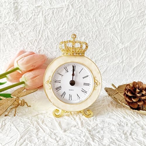 Vintage Mini Analog Table Clock, Silent Crown Table Clock with Hand-Painted Metal Body and Battery Operated Non-Ticking Core for Shelf, Living Room, Bedroom, Bedside, Desk - Image 5