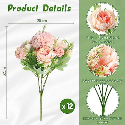 Tigeen 12 Bundles Artificial Flowers Bouquet Silk Peonies, Light Pink - Image 2
