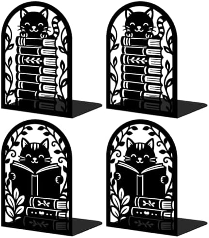 2 Pairs Reading Cat Metal Bookends, Heavy Duty Black Book Support, Creative Books Organiser Stopper for Shelves Bookshelf Office Home Decor, Cat Lovers & Bookworms Gift by BEUNITONE