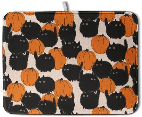 Happy Halloween Dish Drying Mat for Kitchen Counter 18x24 Inch Cute Pumpkin Black Cat Trick or Treat Drying Mats Large Microfiber Absorbent Dish Rack Pad for Coffee Bar Sinks Home Accessories by Kwlegh
